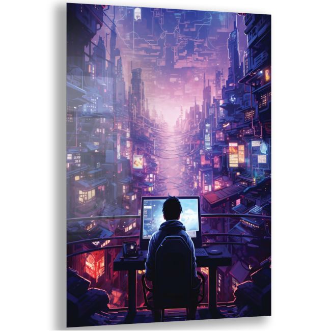 Sanatsal Cam Tablo - Cyberpunk Sanatı - Dikey Motif 20-012 