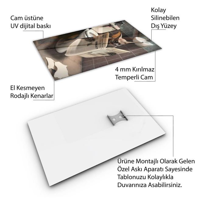Hayvan Cam Tablo - Sevimli Dostlar Lavaboda - Dikey Motif 08-013 90 x 140